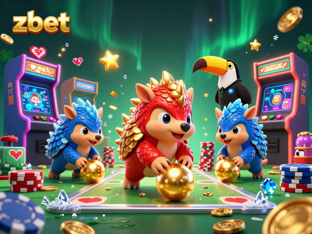 Engage in thrilling gaming with zbet's vibrant cartoon pangolins competing amid sparkling casino adventures.