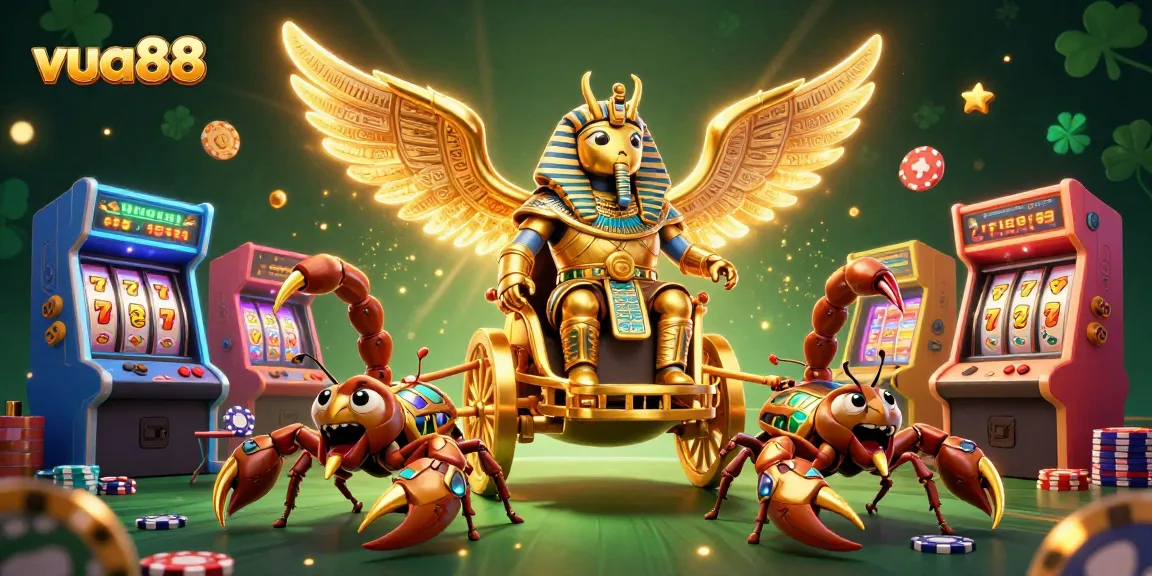 Engage with vua88 at a vibrant casino scene featuring a colossal scarab beetle and scorpion chariot.