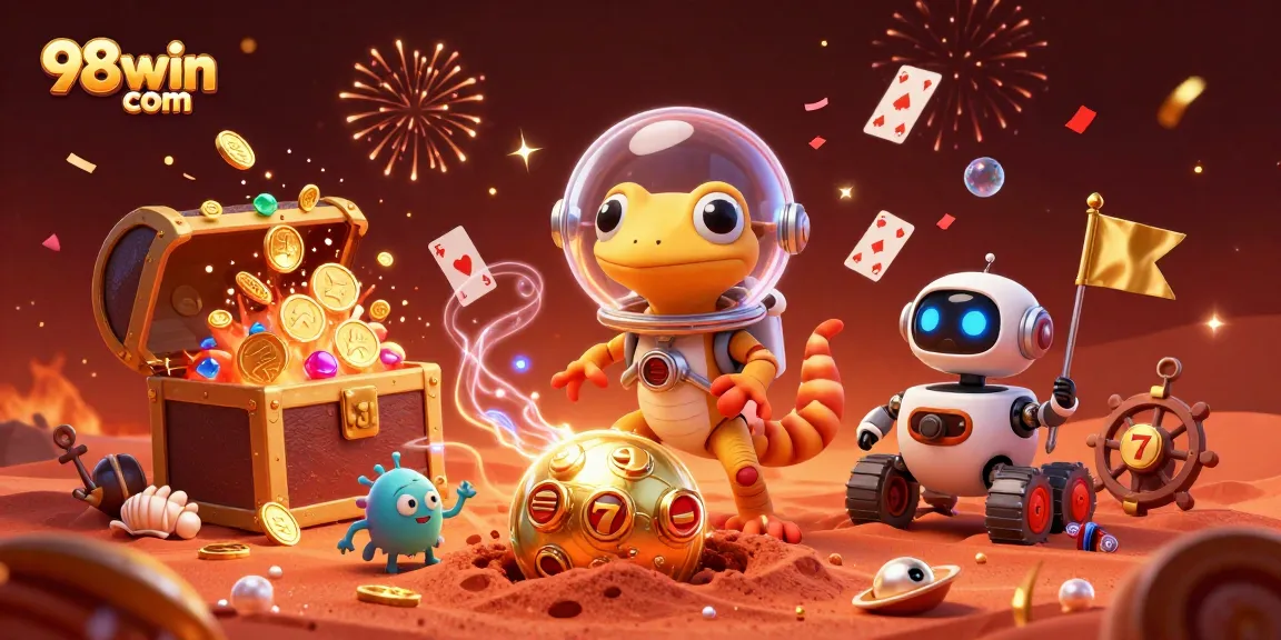 Experience 98win com with a vibrant Martian casino scene featuring dynamic characters and rich detail.