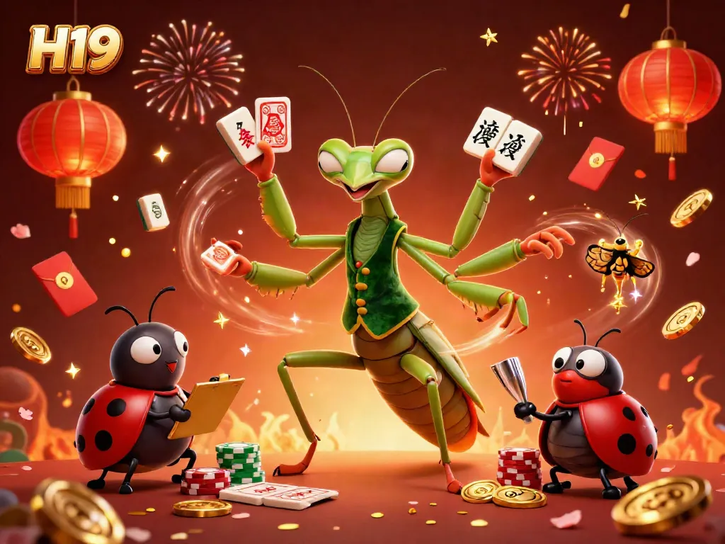 Experience winning moments at H19 with a giant mantis card sharp and vibrant casino elements.