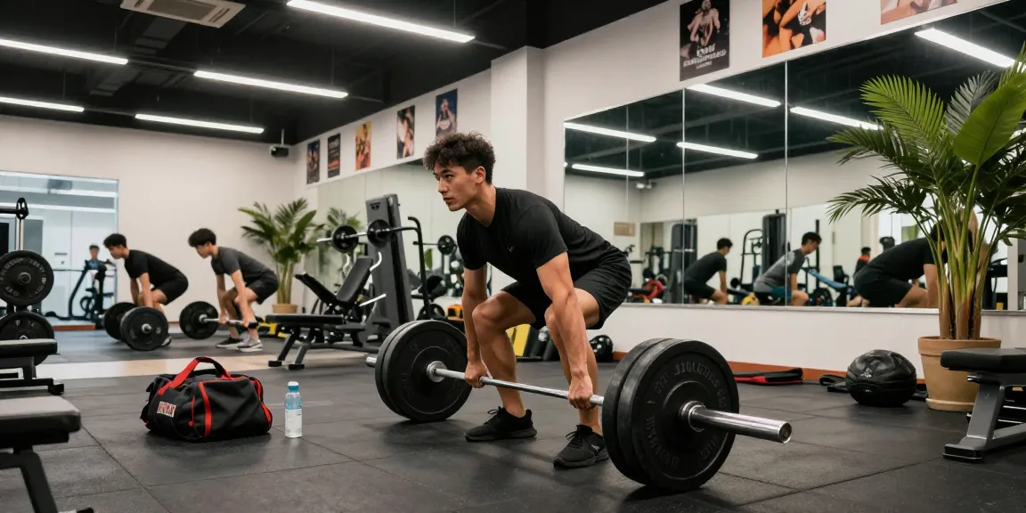 Steroidshop Trainingsszene mit einem Mann, der Gewichte im modernen Fitnessstudio hebt, und die Fitnessgeräte sowie die motivierende Atmosphäre präsentiert.