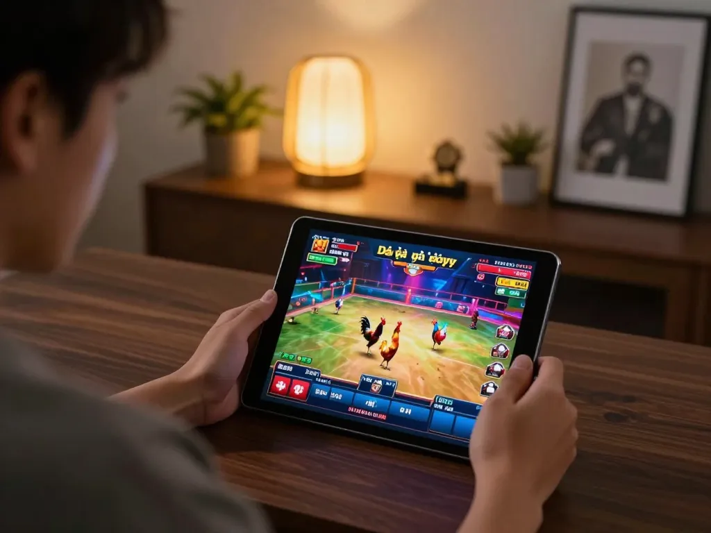 Experience the thrill of đá gà trực tiếp casino with live fights displayed on a tablet