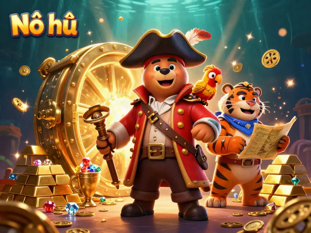 Nổ hũ game illustration with a pirate captain bear and a tiger, vibrant casino theme, rich details.