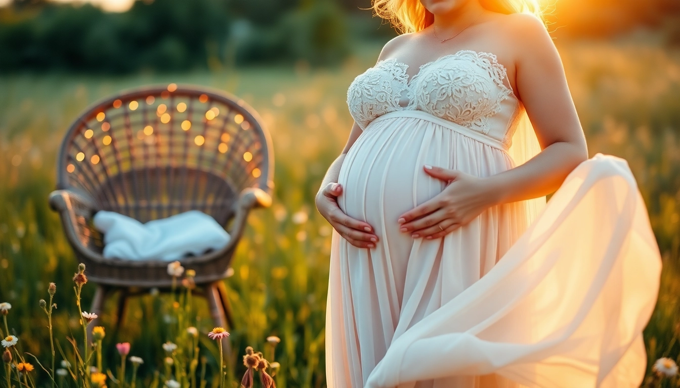 A radiant mother-to-be in a flowing maternity dress for photoshoot smiles warmly in a sunlit garden.