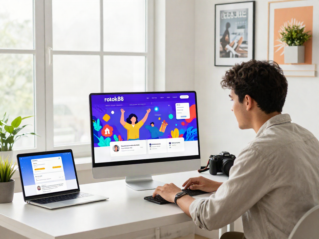 Engaging rokok88 link interface showing users accessing various online payment options and testimonials in a lively workspace.