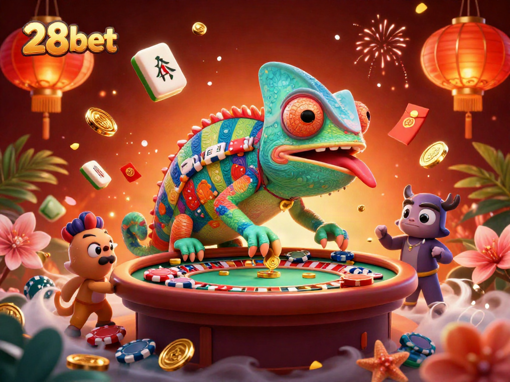 Experience the thrill of 28bet gaming with a vibrant colorful casino scene that captures the excitement.