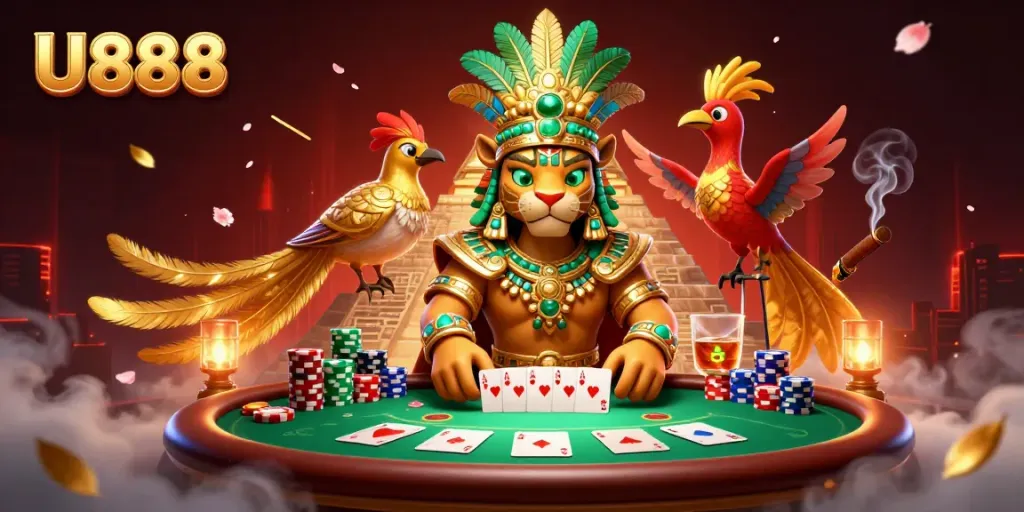U888 casino illustration with Mayan priest, poker table, and vibrant game elements.