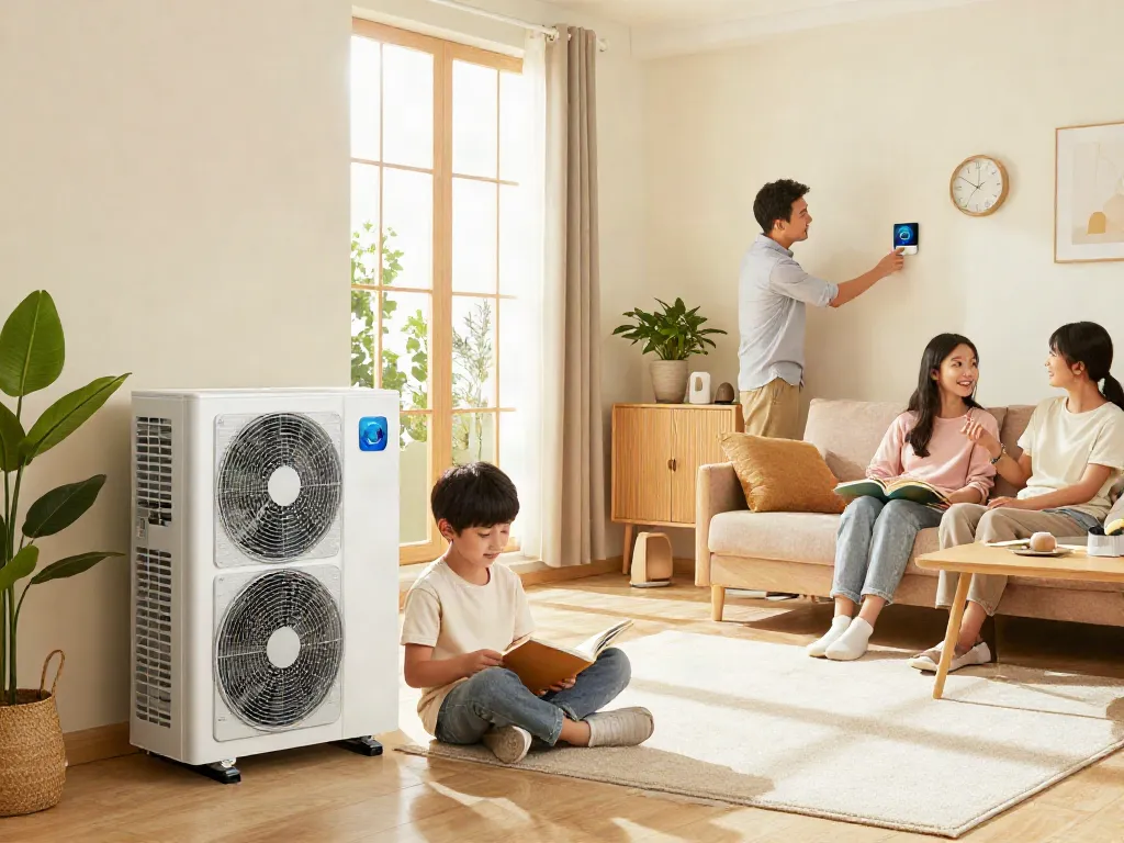Wärmepumpen im Einsatz in einem modernen Wohnraum mit Familie, die Wärme und Komfort genießen.