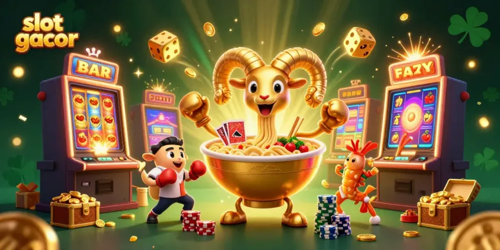 Experience the thrill of slot gacor with vibrant characters and dynamic game elements in a colorful casino scene.