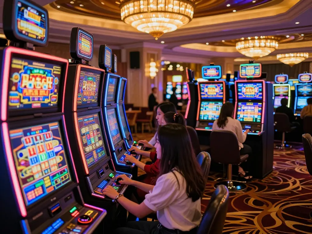 Players enjoying vibrant slot machines at Sunwin casino, capturing the excitement of online gaming.