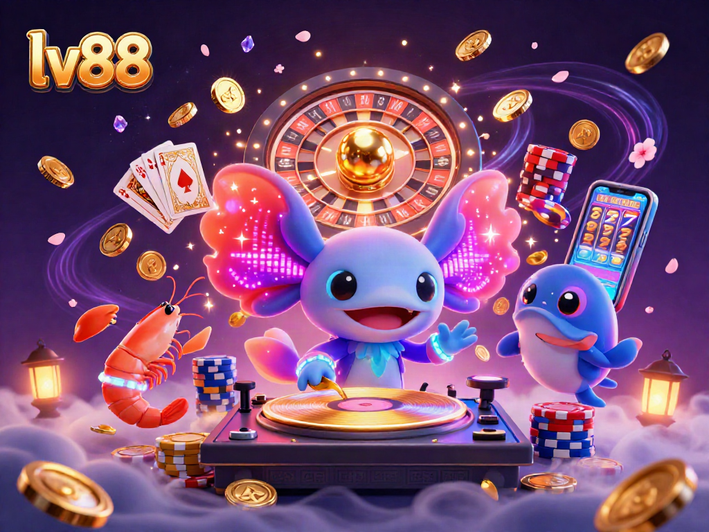 Experience vibrant gaming with LV88's neon axolotl DJ spinning excitement in a lively casino scene.