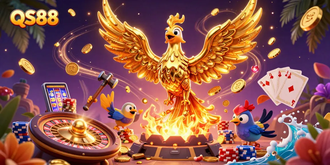 Experience thrilling gameplay at QS88 with a dynamic 3D illustration of a golden phoenix and casino elements.