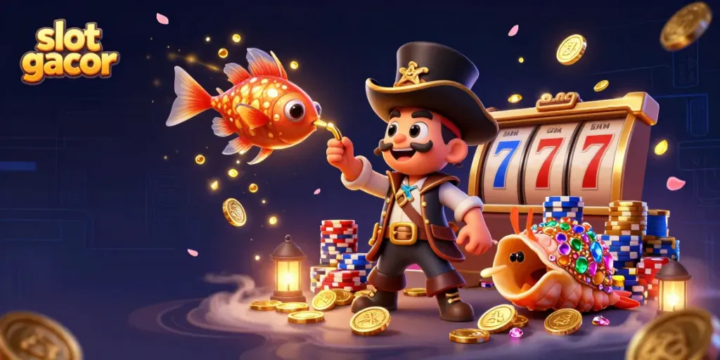 Engage with slot gacor gameplay featuring dynamic characters attracting golden coins and showcasing jackpot excitement.