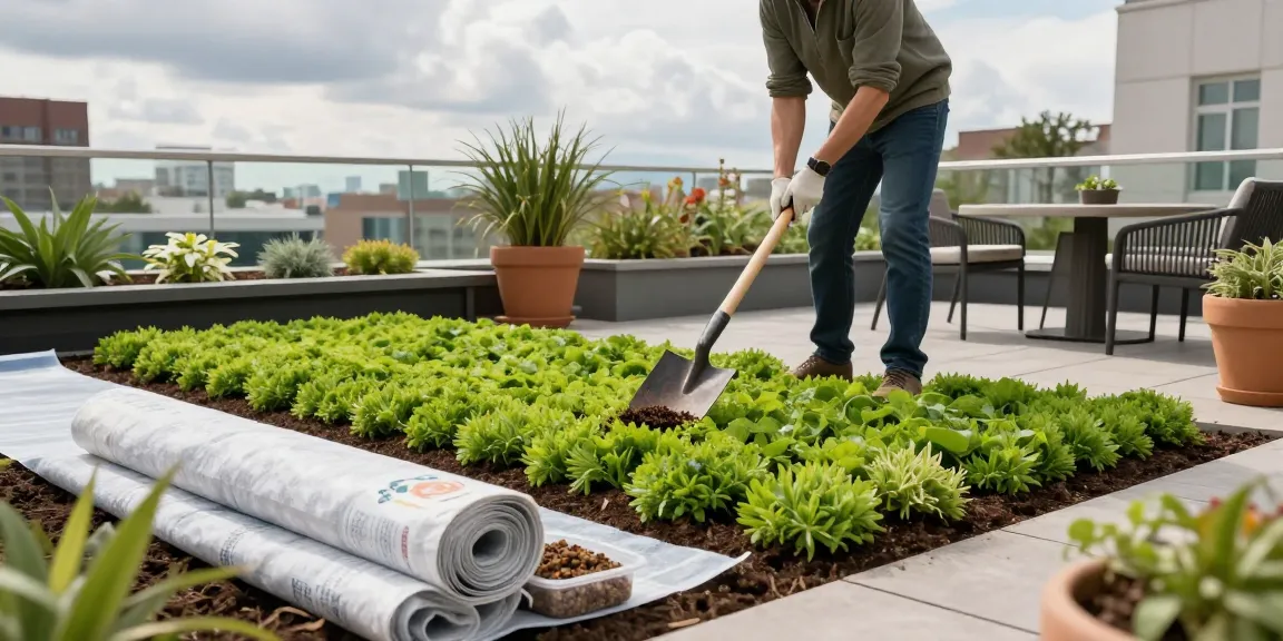 Dachgarteninstallation, die den Prozess des dach aufbaus mit Schichten von Sedum und Substrat für begrünte Dächer zeigt.
