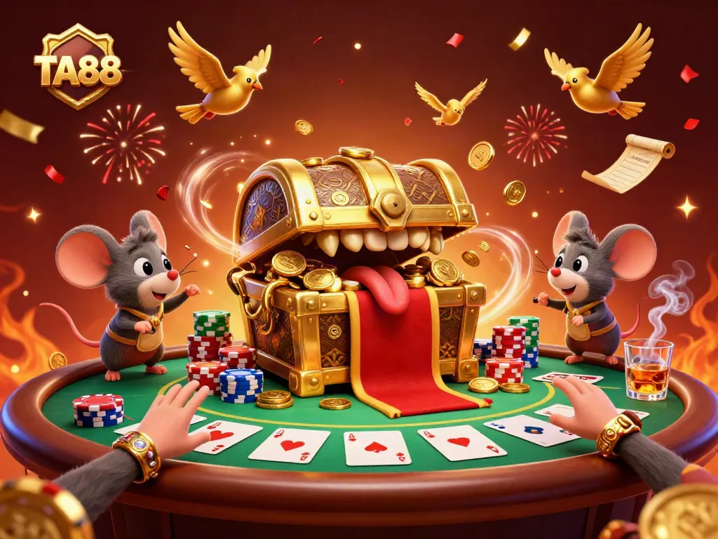 Gamblers explore TA88 with a golden treasure chest and poker elements amidst vibrant celebrations.