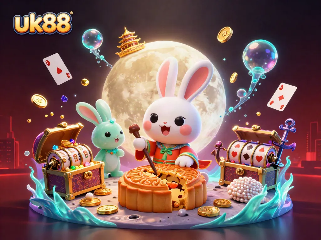 Experience the excitement of uk88 with this vibrant 3D illustration showcasing a moon rabbit and casino elements.