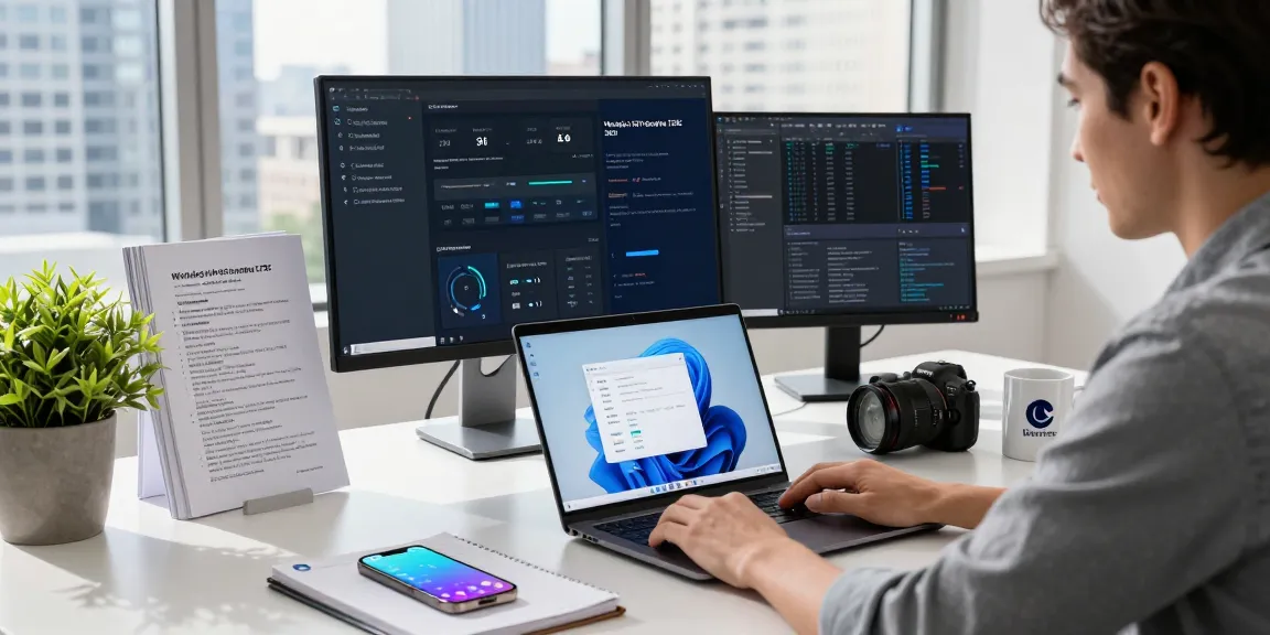 Windows 11 Enterprise Lizenzschlüssel kaufen - IT-Experte arbeitet in modernem Büro mit Laptop und Monitor, umgeben von technischen Unterlagen und Notizen.