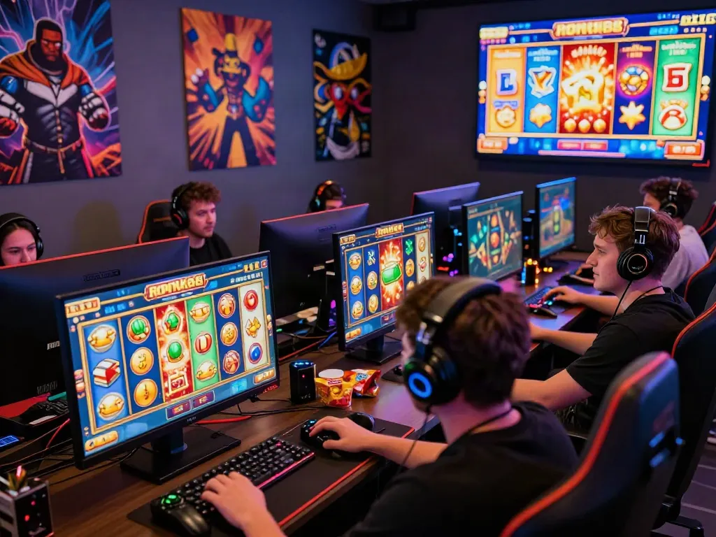 Exciting rokok88 slot gaming scene with enthusiastic players engaging in vibrant online games.