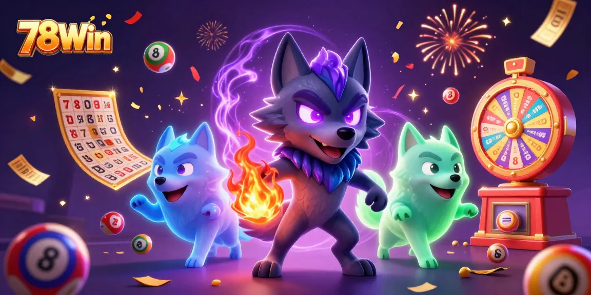 Engage with the thrilling atmosphere of 78Win, showcasing ghostly wolves and vibrant lottery elements.