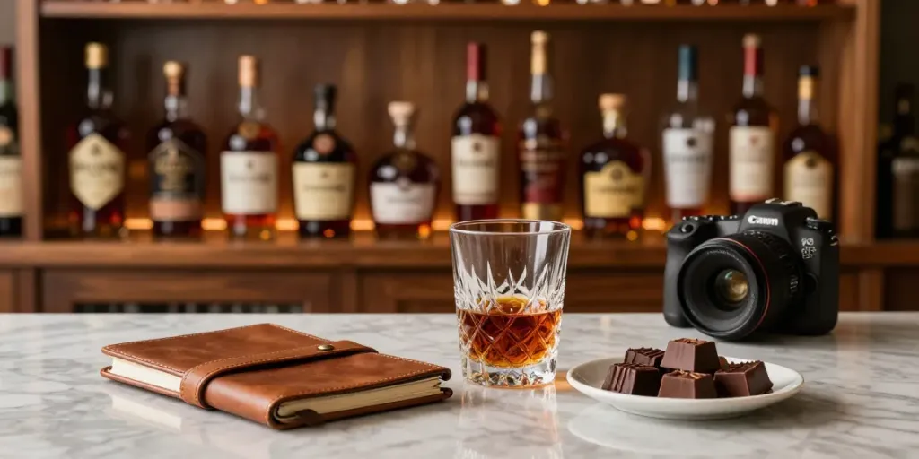 Schöne Rum Sammlung in einer eleganten Bar mit detailreicher Präsentation.