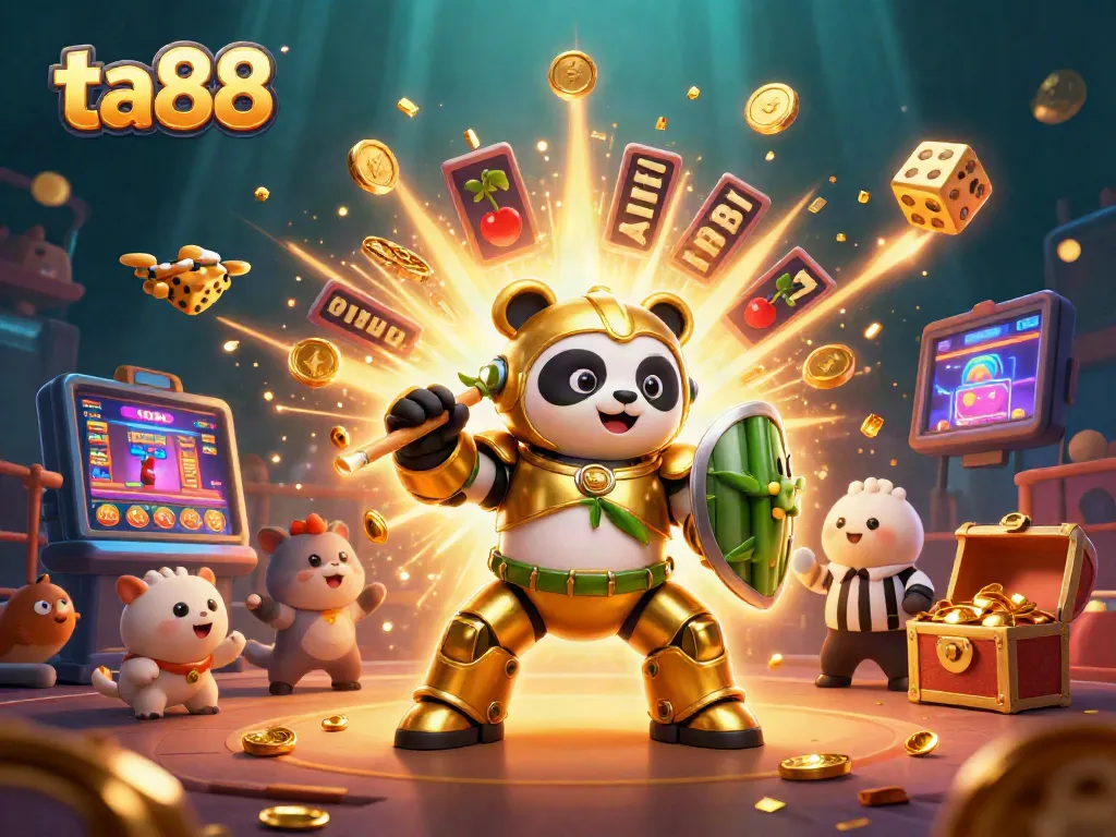 Experience the excitement of ta88 with a vibrant 3D casino scene showcasing winning symbols, joyous characters, and festive elements.