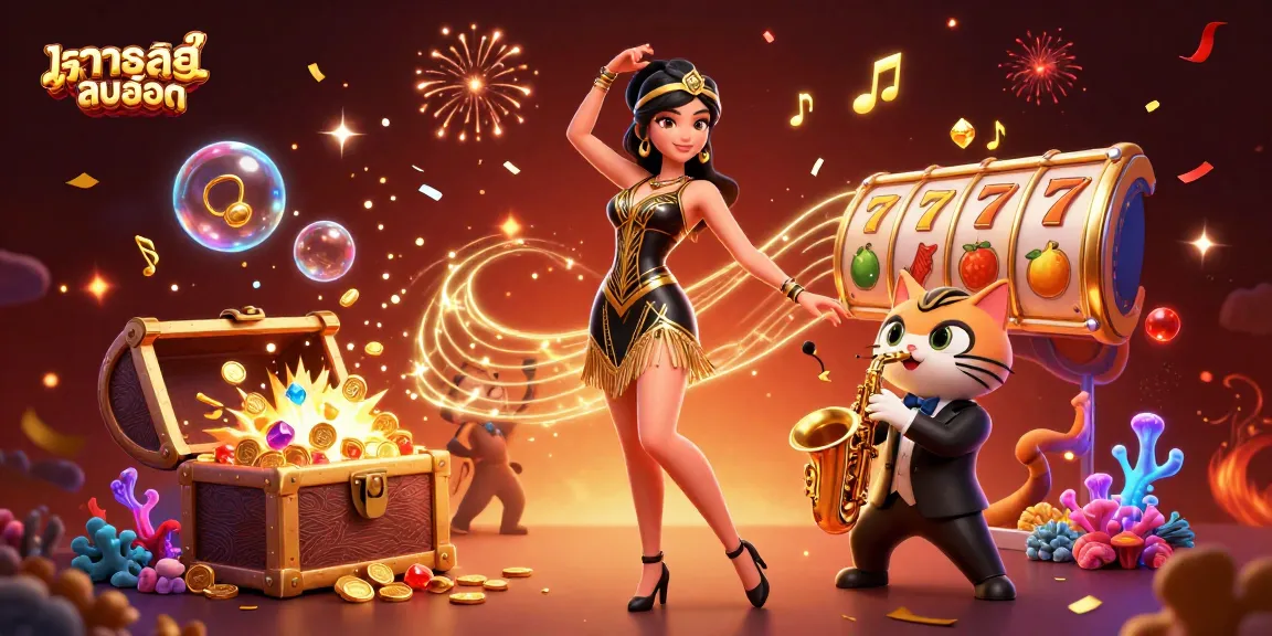 Experience exciting ทดลองเล่นสล็อต moments with stunning visuals featuring a 3D woman and a saxophone-playing cat.