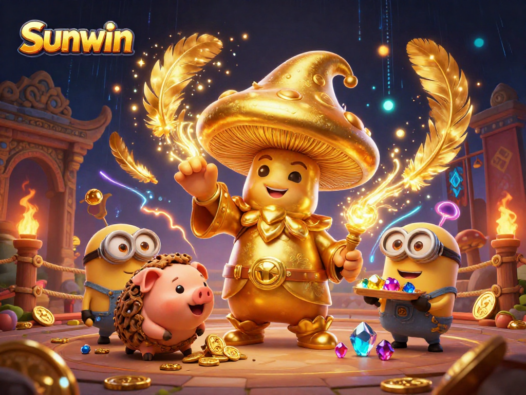 Unleash your luck with Sunwin as a golden wizard channels treasures in a vibrant casino scene.