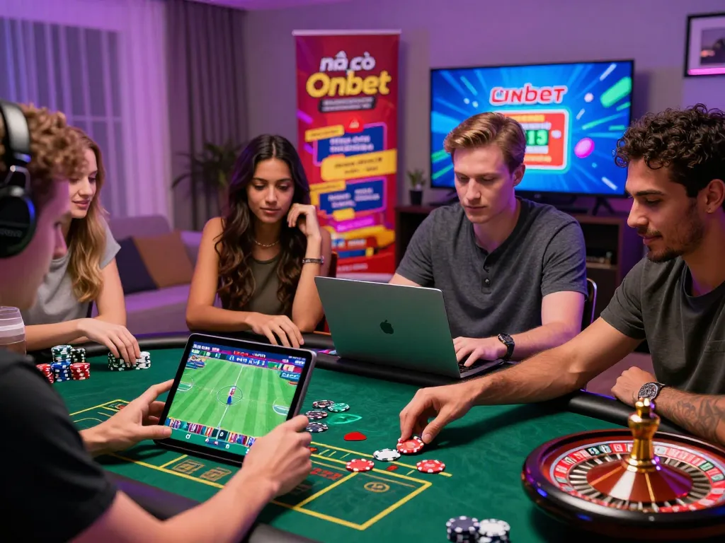 Engaging gaming scene featuring diverse players betting online at nhà cái Onbet with tablets and laptops, vibrant atmosphere.