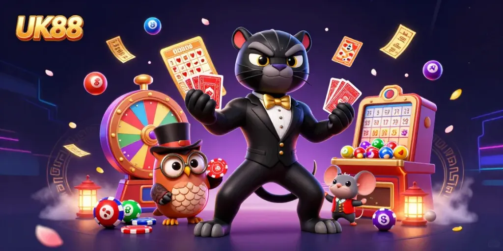 Engage in thrilling games at UK88 with a cartoon black panther dealer and charming characters in a vibrant casino atmosphere.