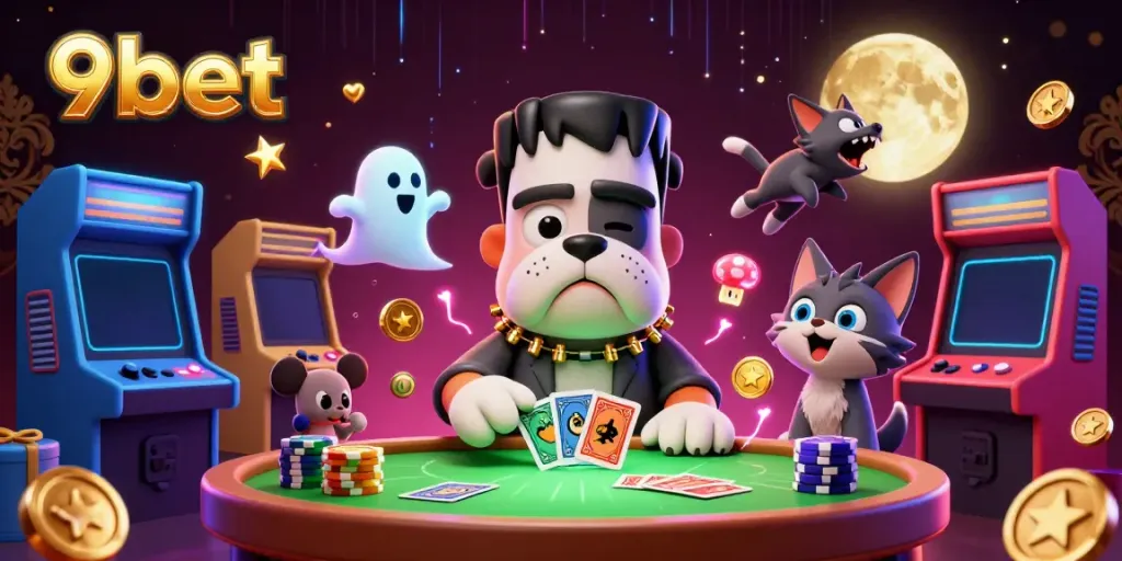 Engage with 9bet's thrilling games featuring a Frankenstein bulldog dealer and ghostly elements at a lively casino table.