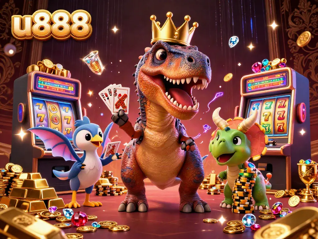 Experience the excitement of u888 with a playful T-Rex shuffling cards in a whimsical casino scene.