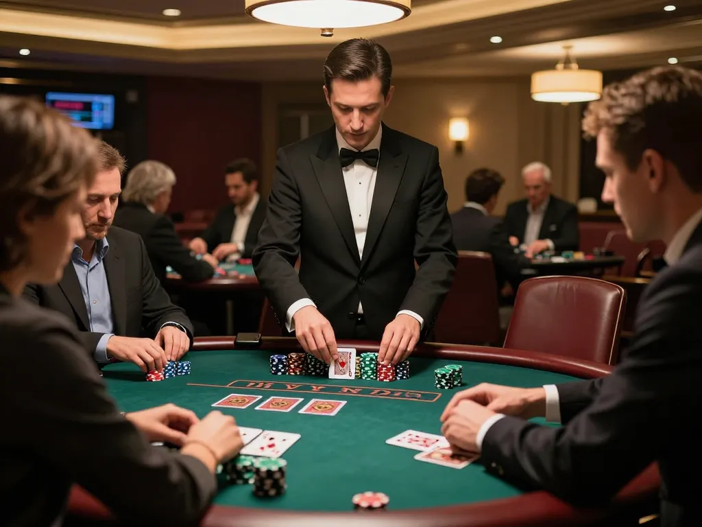 LLWIN Function enhances strategy at blackjack as players focus on their cards in an upscale casino.