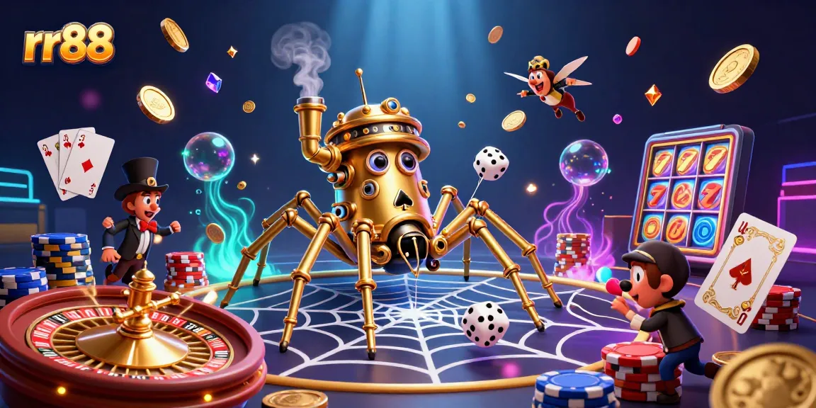 Experience thrilling gameplay at rr88 with a captivating illustration of a golden spider and Victorian fly amidst casino excitement.