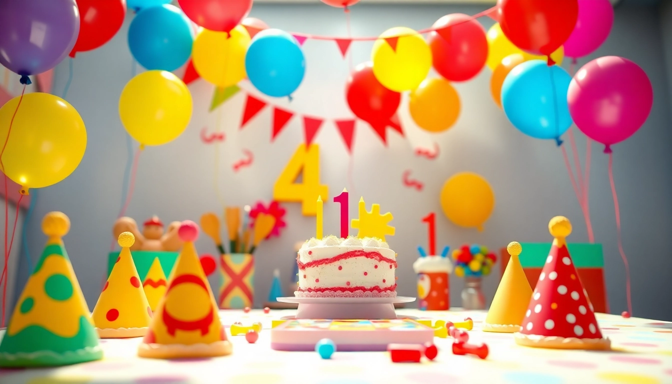 Feierliche Dekoration für einen Kindergeburtstag 4 Jahre mit bunten Ballons und einer leckeren Torte.