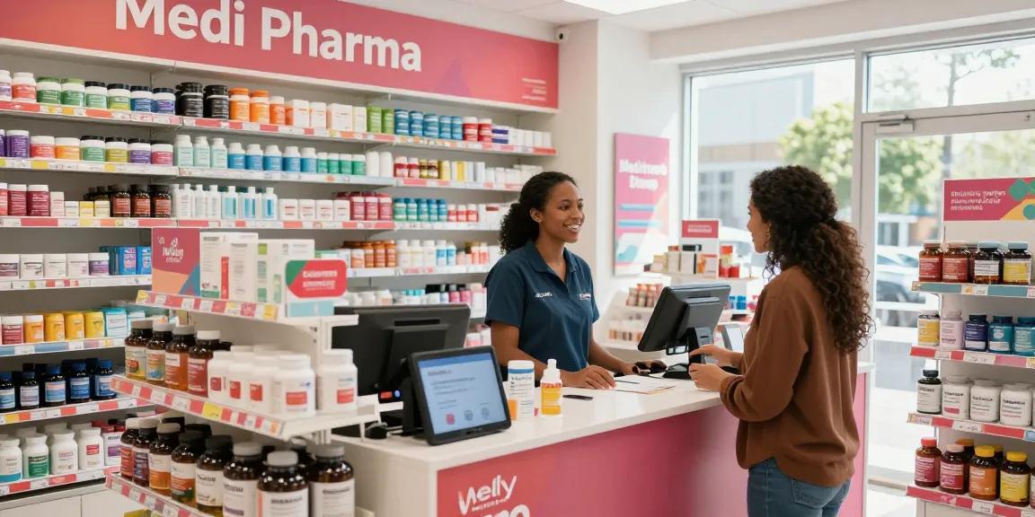 Medi Pharma Shop: Ansprechende Wellness-Einzelhandelsumgebung mit Personal, das Kunden in einer modernen Apotheke unterstützt.