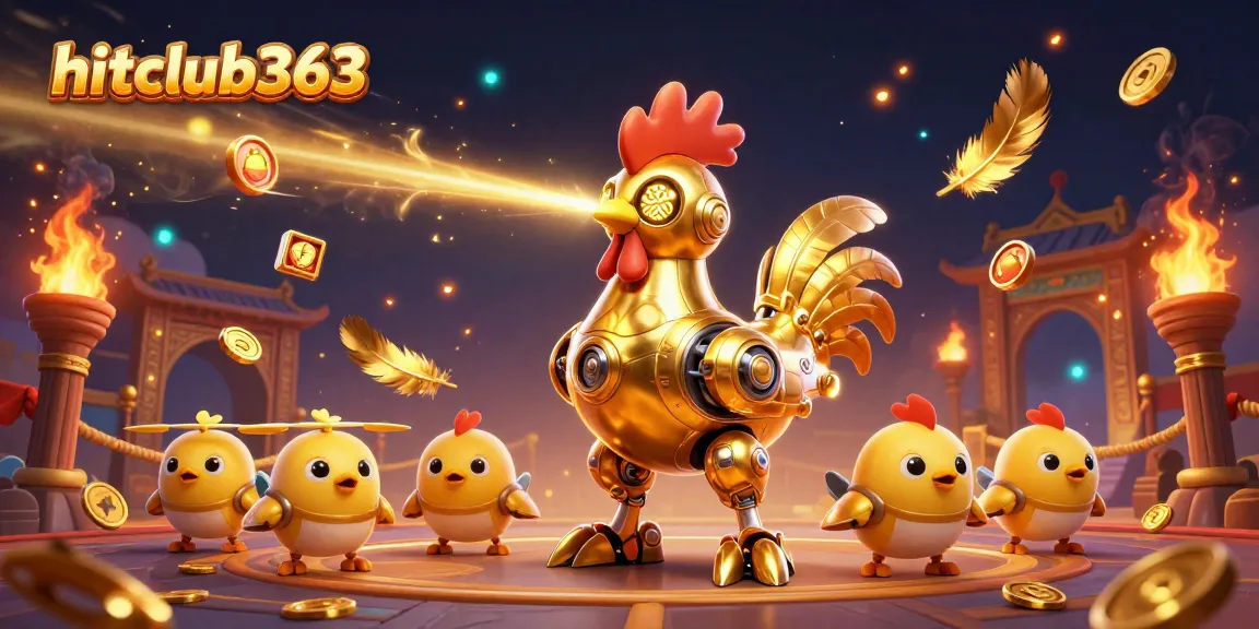 hitclub363 showcases a vibrant casino scene with a golden rooster robot surrounded by dynamic slot game features.