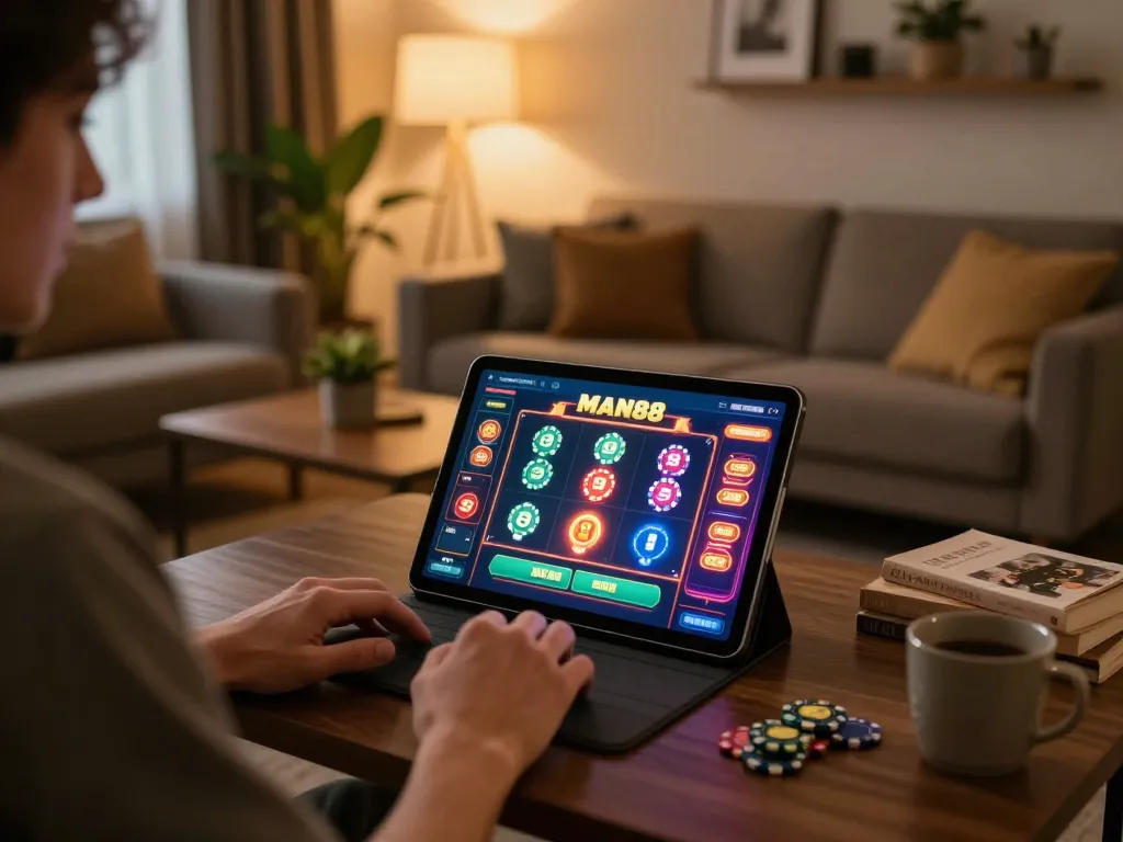 Engaging with the MAN88 platform on a tablet in a cozy home gaming setup