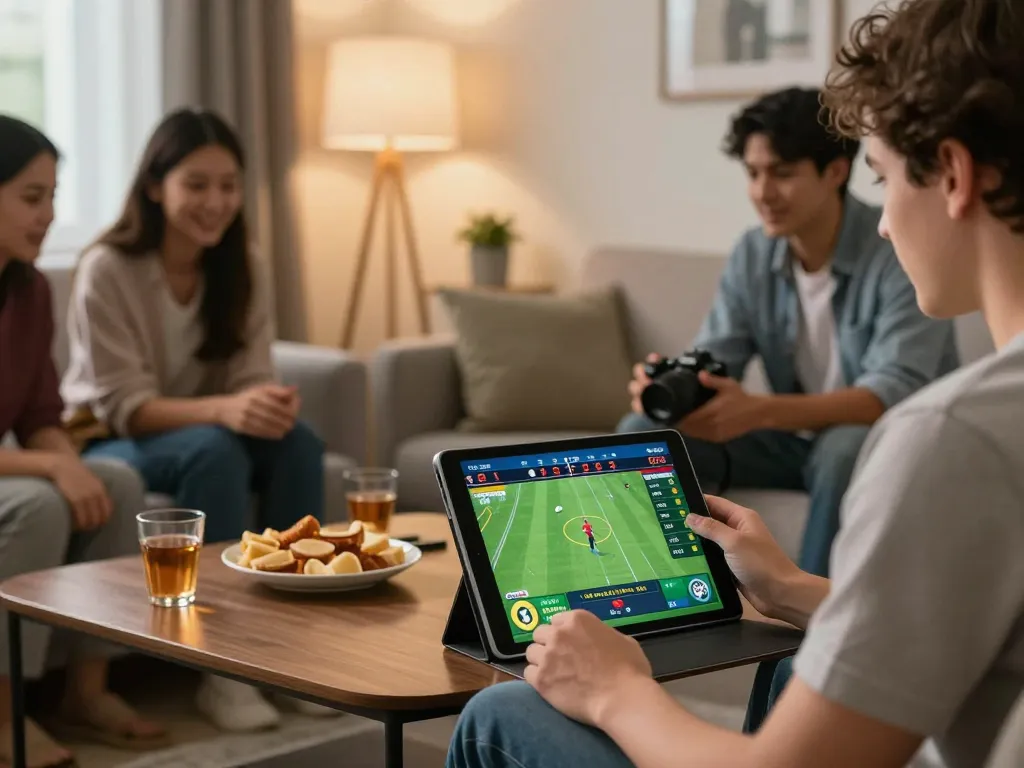 Betting on 789bet with friends, tablet displaying exciting sportsbook odds in a cozy setting.