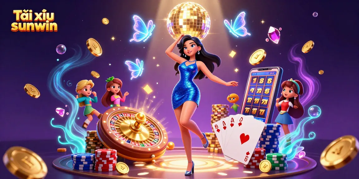 Tài xỉu sunwin showcases an electric atmosphere with a glamorous dancer, sparkling chips, and vibrant casino elements.