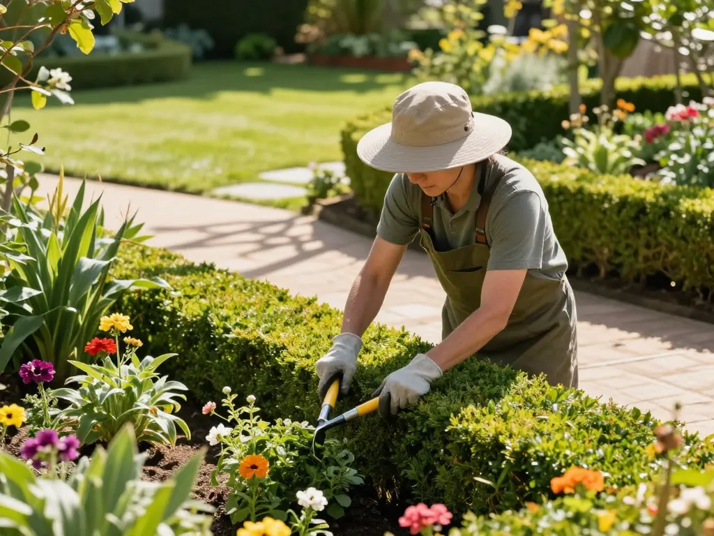 Professionelle Gartenpflege-Dienste in Münster für eine schöne Gartenpflege, mit einem Gärtner, der zwischen üppigem Grün arbeitet.