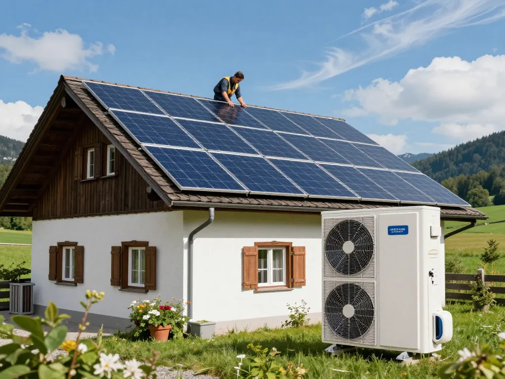 Photovoltaik Bayern: Techniker inspiziert Solarpanels und Wärmepumpe in einer bayerischen Landschaft, die erneuerbare Energien betont.