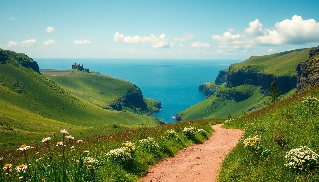 Wandern in Irland auf einer malerischen Wanderung mit grünen Hügeln und dramatischen Klippen.