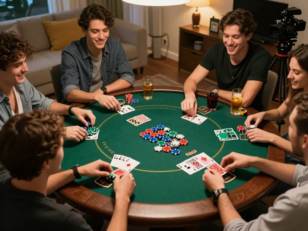 Join the excitement of home poker night at https://98win9.co.com/ with friends enjoying lively gameplay.