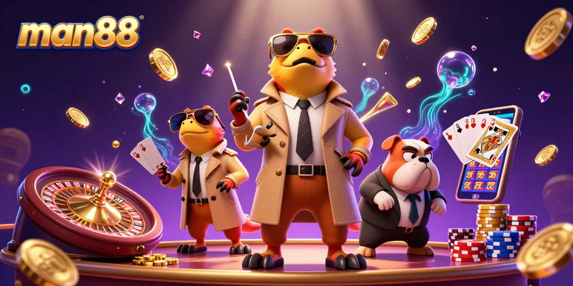 Experience thrilling gaming with man88 as cartoon raptors scheme to enter a VIP casino lounge.