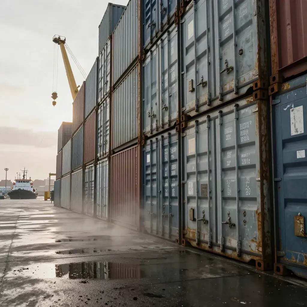 Containerstapel im Hafen von Durban im Wind, mit Pfützen, Kranarm und ferne Schlepperlinie.