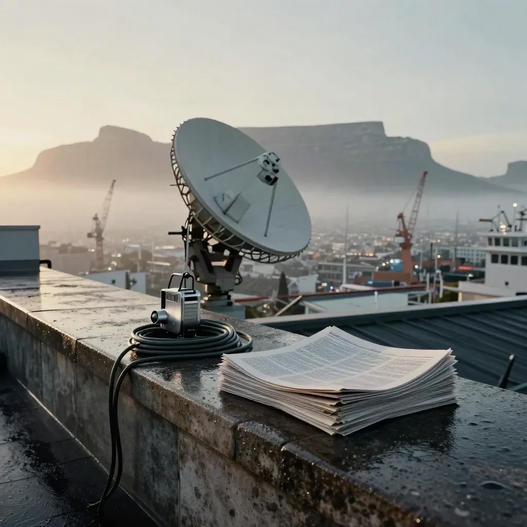 Kapstadt-Rooftop mit Sendeschüssel, Funkgerät, Zeitungen und Tafelberg im Morgenlicht.
