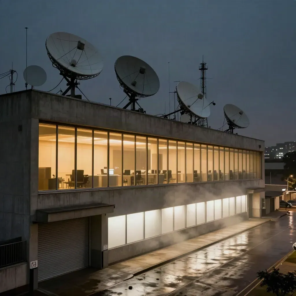 Nächtliche Fassade eines Radio-Newsrooms in Johannesburg mit Satellitenschüsseln und Licht hinter Glas.