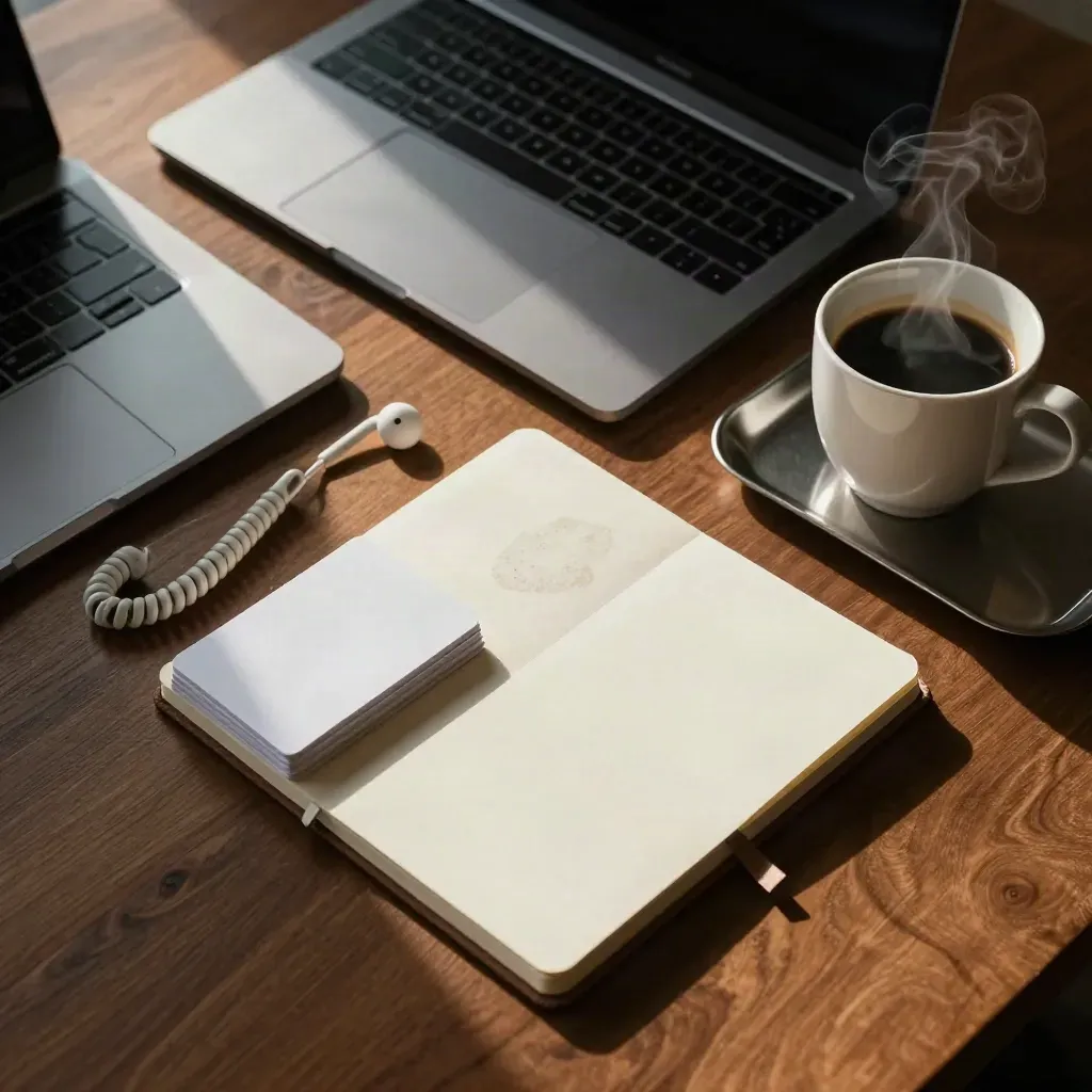 Aufsicht auf einen Morgen-Briefing-Tisch mit Laptop, Earpiece, Notizbuch, Kaffee und Karten.