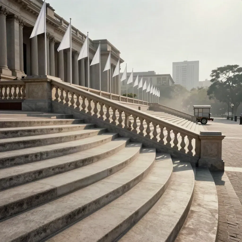 Tiefer Blick auf die Union Buildings bei Morgenlicht, Fahnen, Balustraden und ein Servicewagen.
