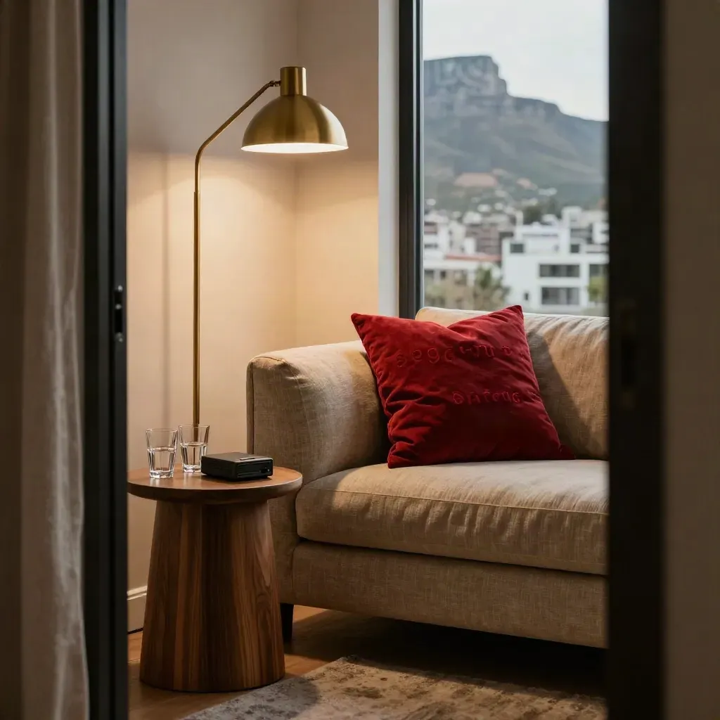 Interview-Ecke in Kapstadt mit Sofa, Stehlampe, Beistelltisch und verschwommener Stadtsicht.